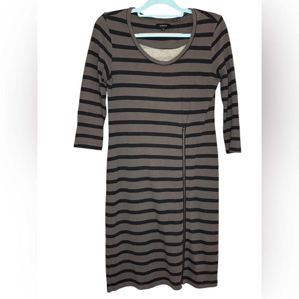 DREW Black and Gray Striped Midi Mid Sleeve Dress Bottom Zip - 100% Cotton